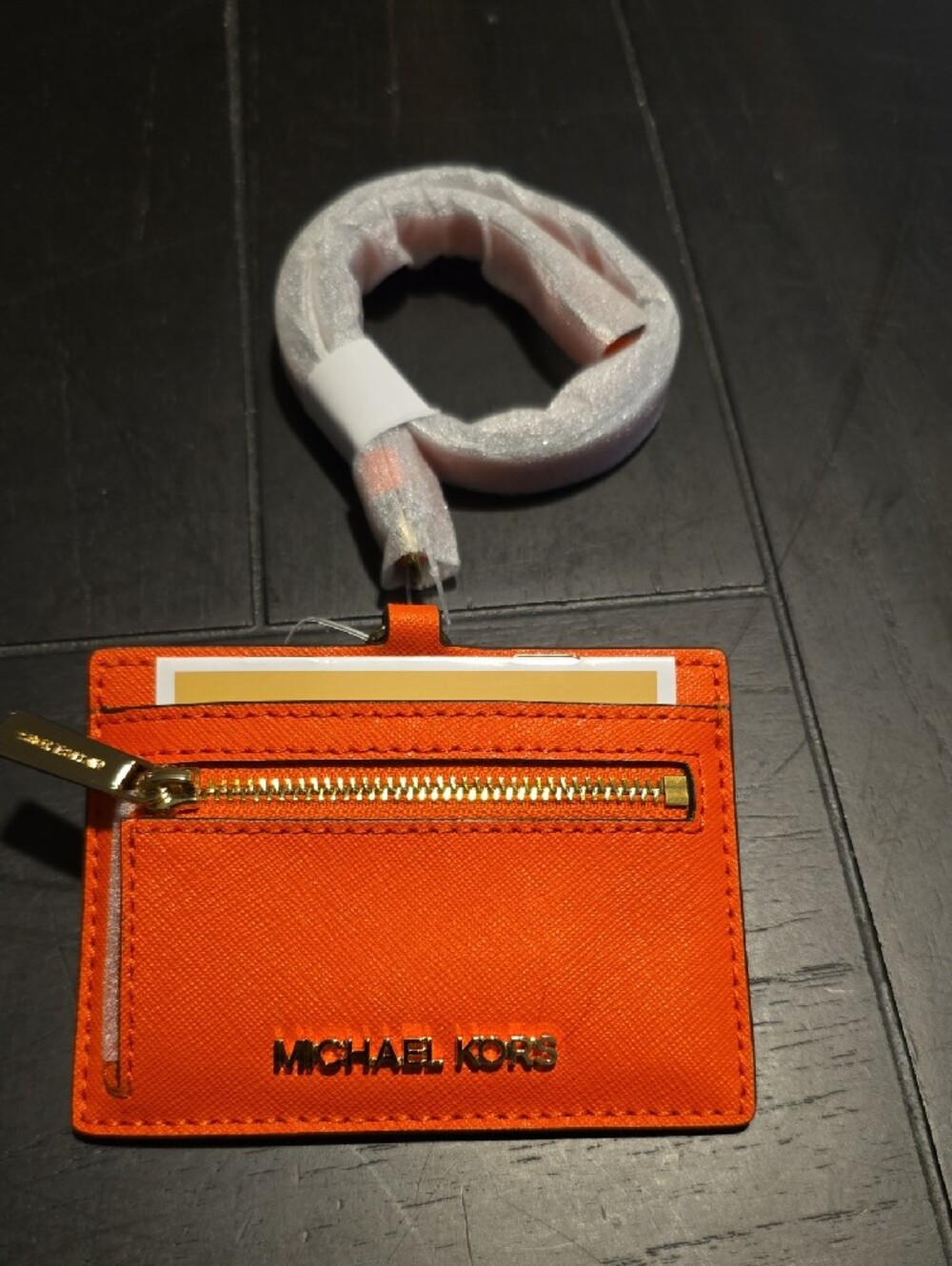 NWT Coral Orange Jet Set ID Card Leather Holder with Lanyard and Gold Hardware - Picture 2 of 2